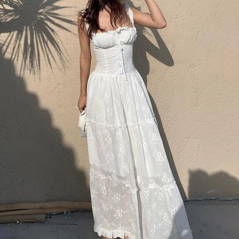 Lace Up Square Collar High Waisted Maxi Dress