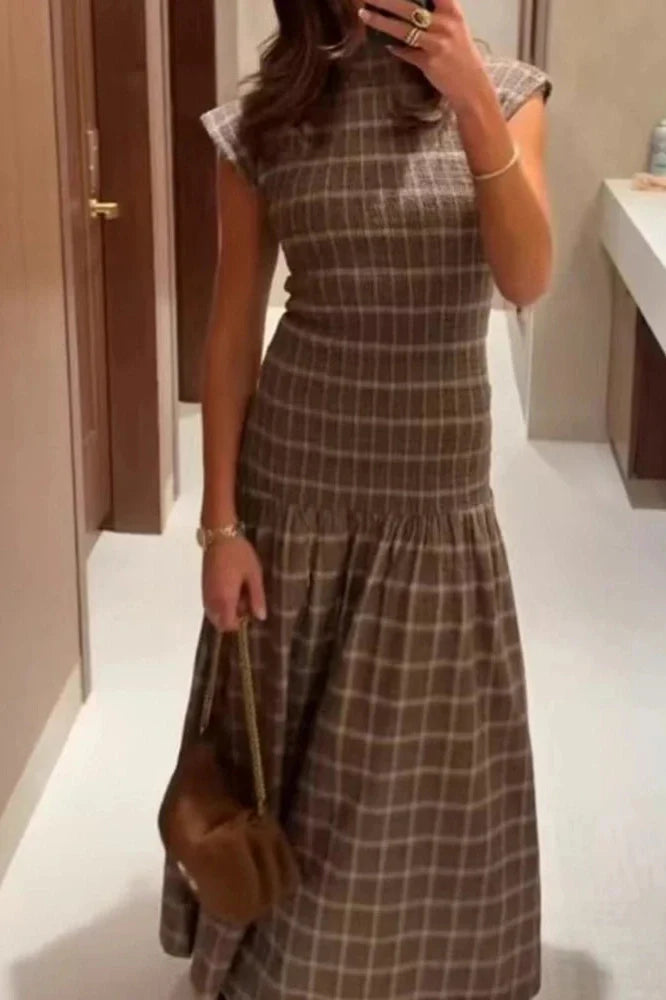 O-Neck Short Sleeve High Waist Pleated Printed Slim Maxi Dress