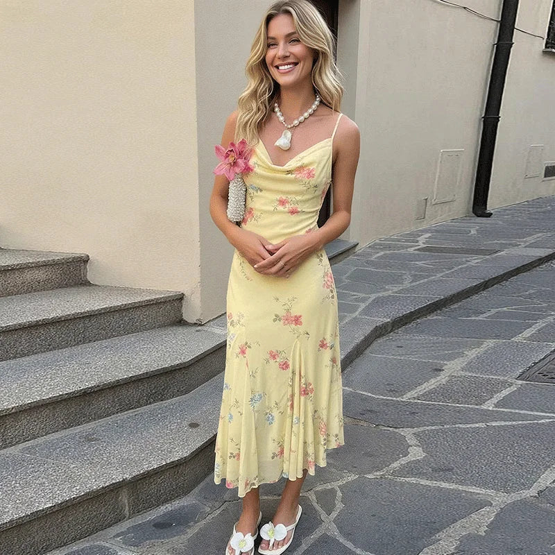 Printed Backless Patchwork See-Through Midi Dress