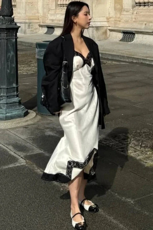 Hollow Out V-Neck Patchwork Sleeveless Lace-Up Midi Dress