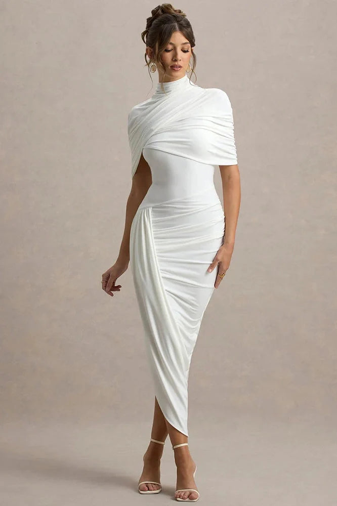 Half Sleeve Backless Turtleneck Slim High Waist Midi Dress