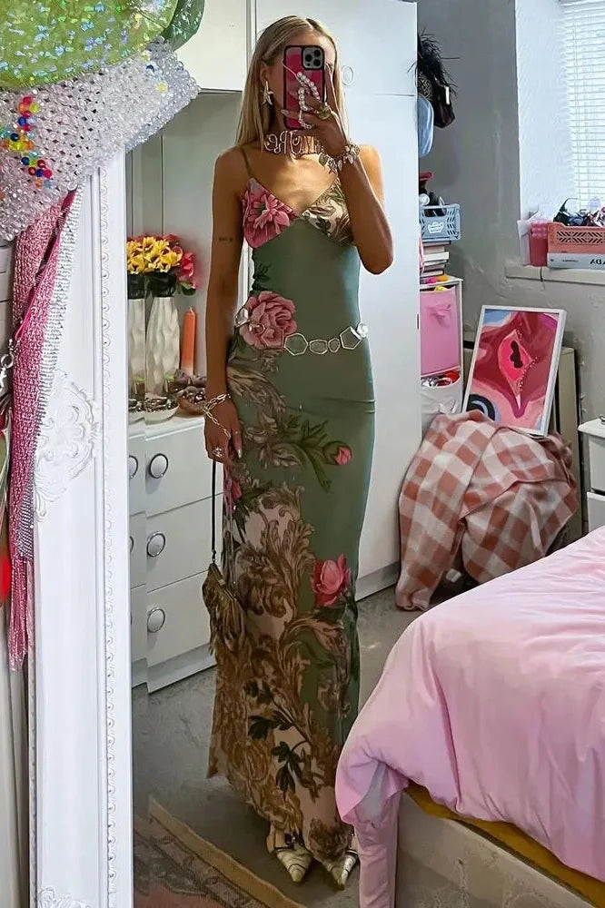 Printed Slim Spaghetti Strap Maxi Dress