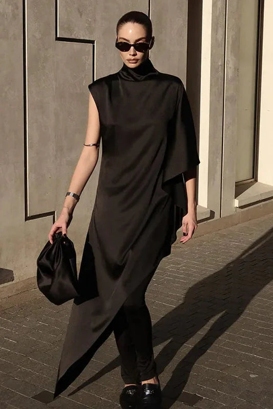 Elegant Loose Turtleneck Sleeveless High Waist Irregular Maxi Dress