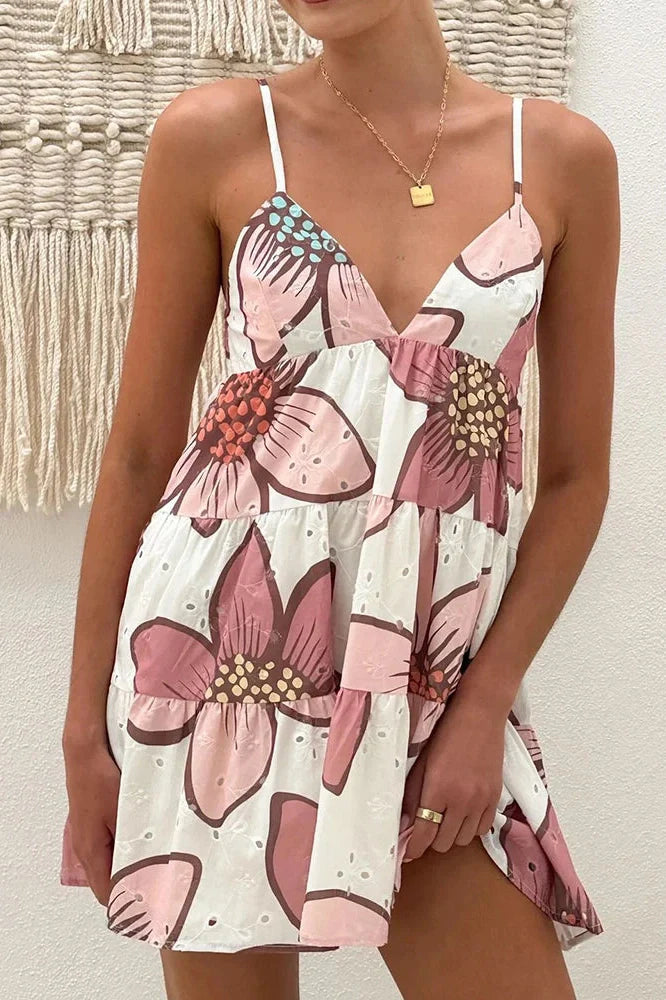 V-Neck Sleeveless Slim Loose Pleated Printed Mini Dress