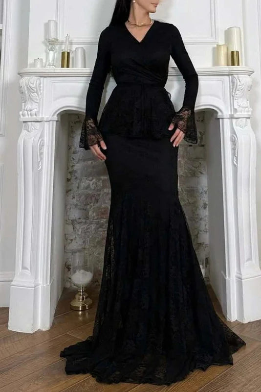 O-Neck Lace High Waist Long Sleeve Pleated Maxi Dress