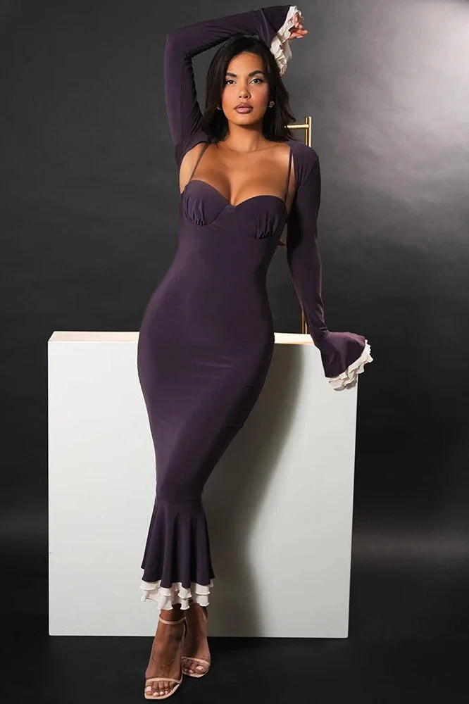 Elegant Long Sleeve Patchwork Square Collar Maxi Dress
