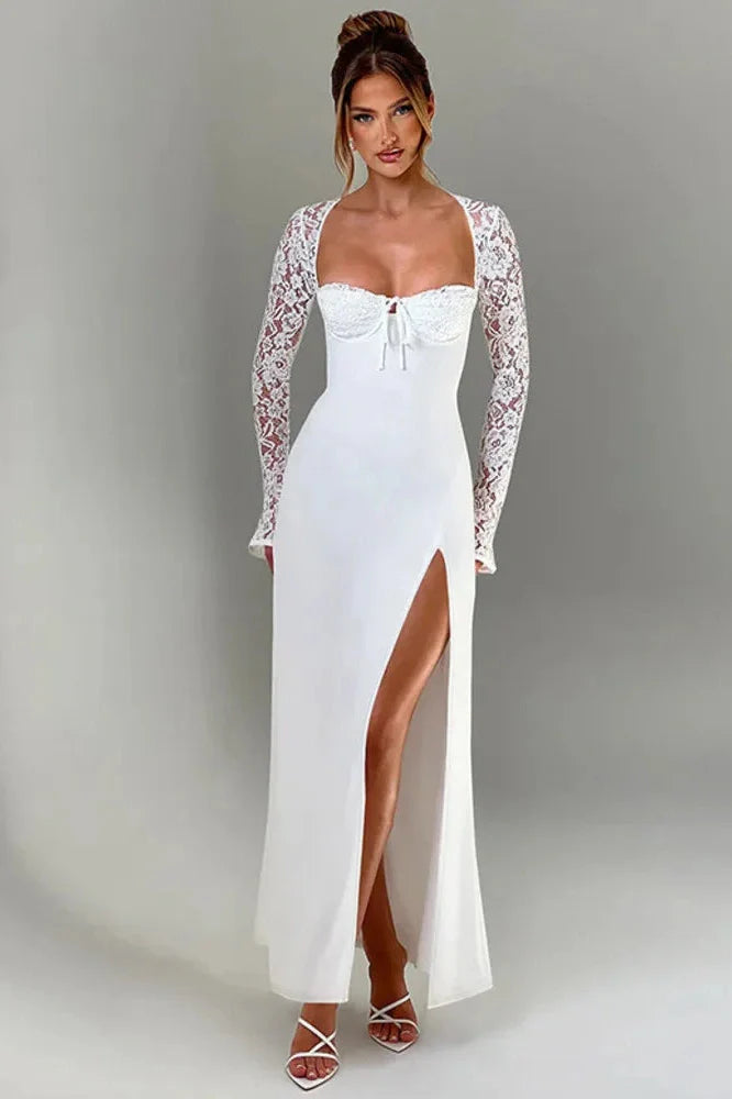 Lace Long Sleeve Square Collar Backless Maxi Dress