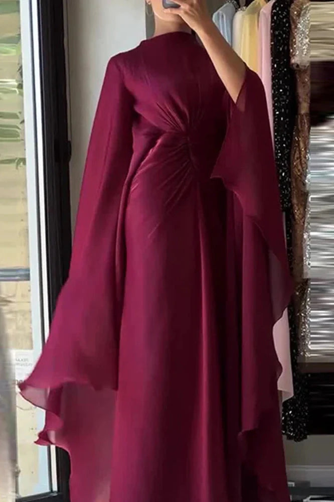 Long Sleeve Lace Up O-Neck Loose Pleated Maxi Dress