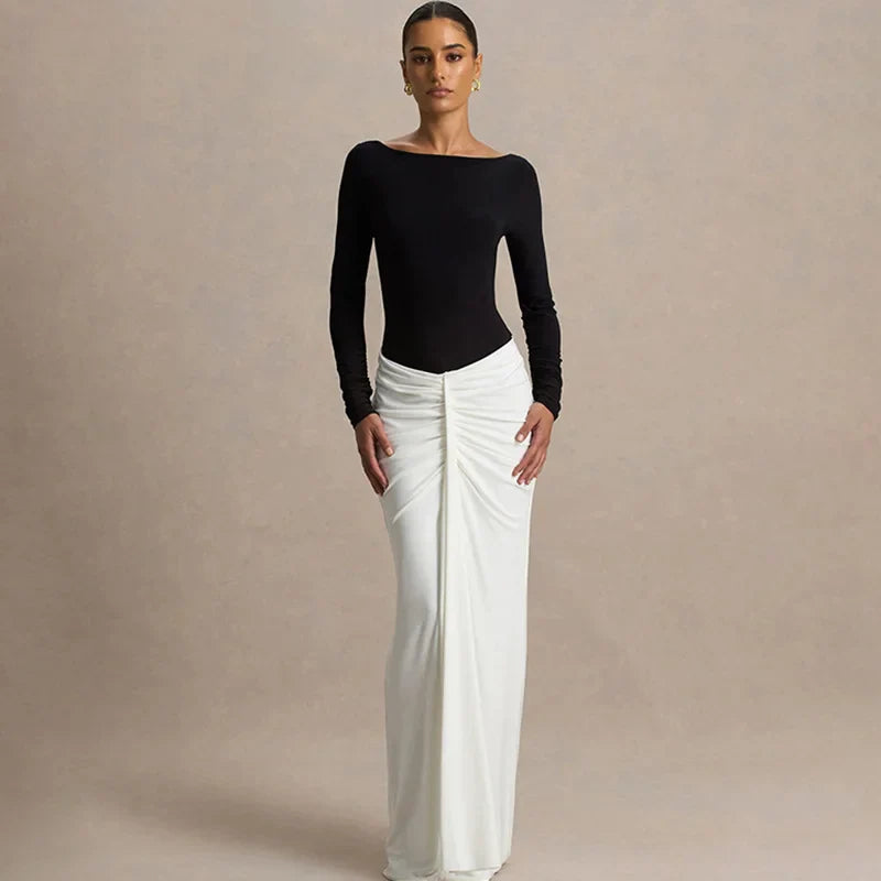 Backless Round Neck Patchwork Long Sleeve Maxi Dress