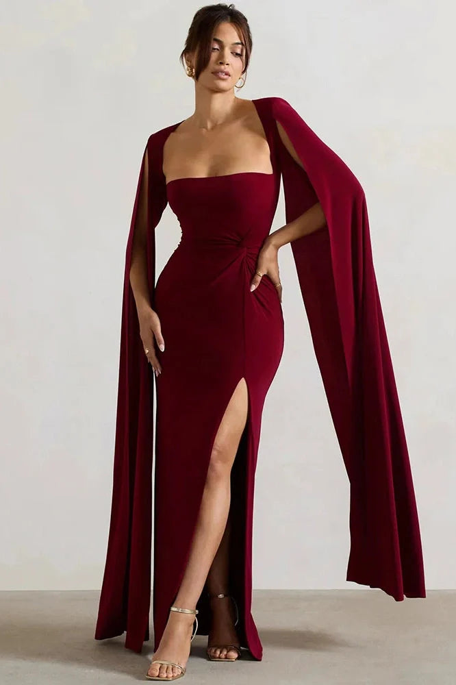 Long Cape Sleeve Square Collar Maxi Dress