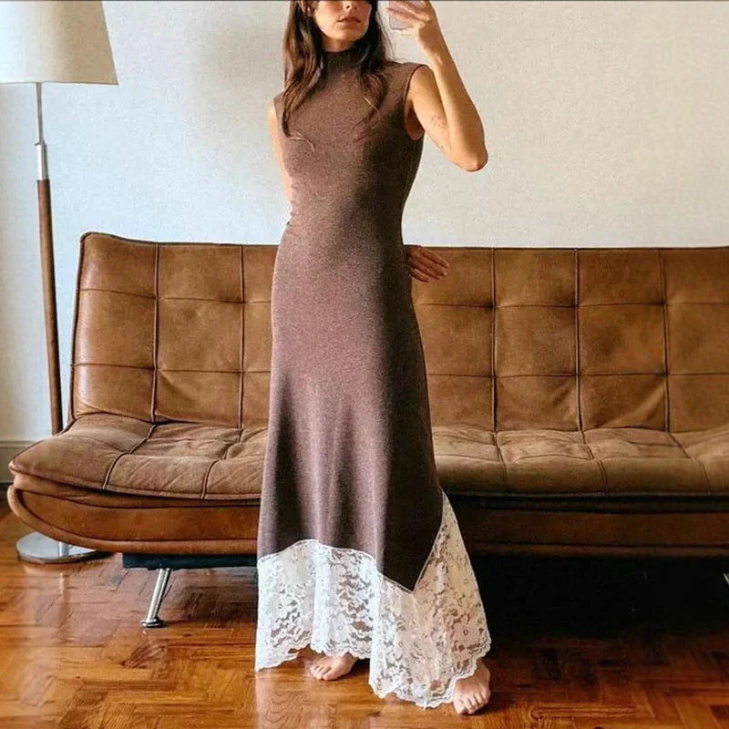 Turtleneck Lace Sleeveless Slim Maxi Dress
