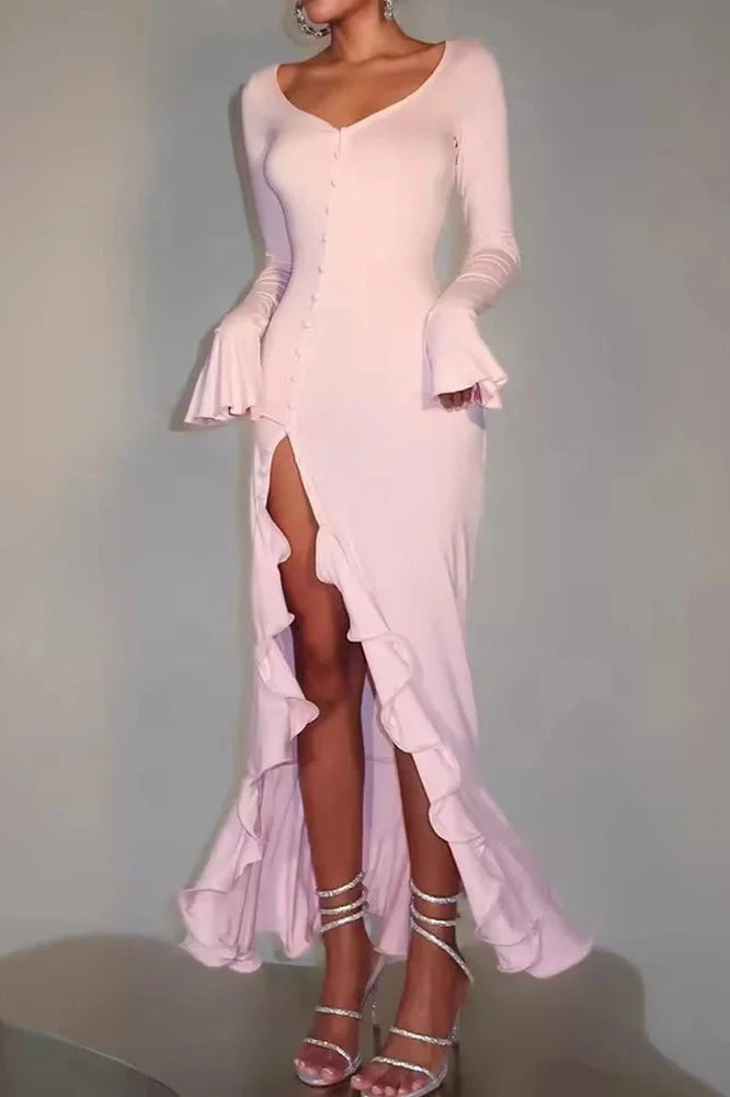 Long Sleeve V Neck Single-Breasted High Waist Maxi Dress
