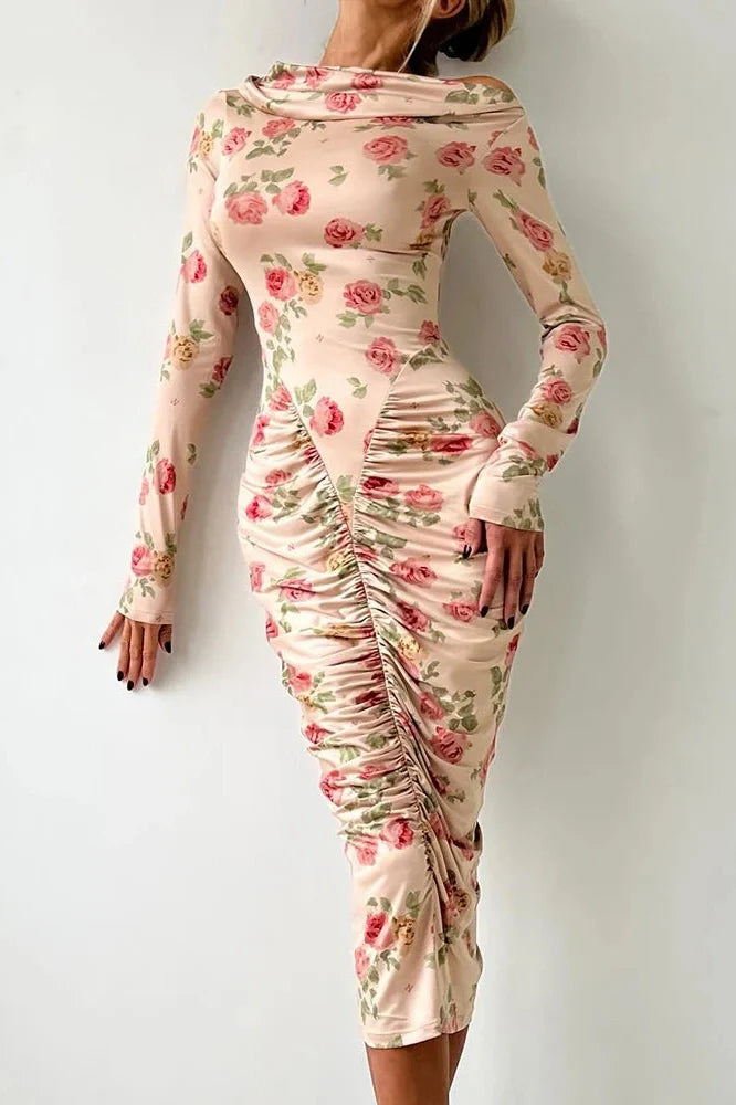 Elegant Long Sleeve Backless Bodycon Midi Dress