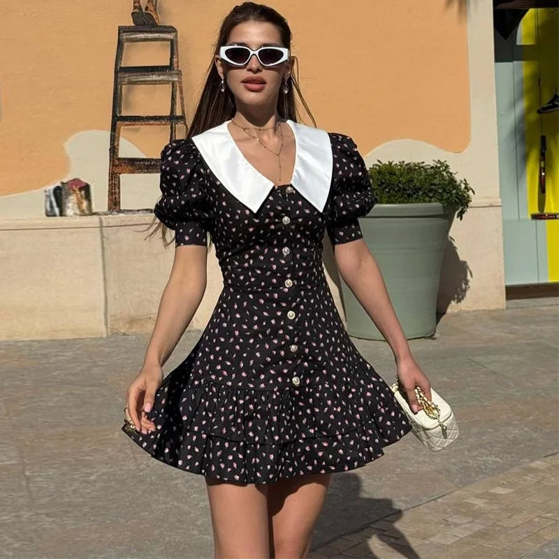 Printed Short Sleeve V Neck High Waist Mini Dress