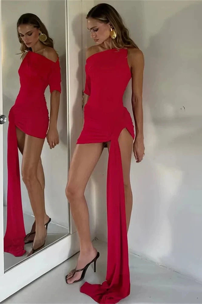 One-Shoulder Slim Patchwork Bodycon Mini Dress