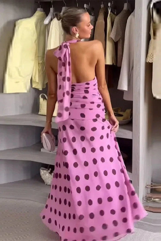 Polka Dots Lace-Up Backless Sleeveless Maxi Dress