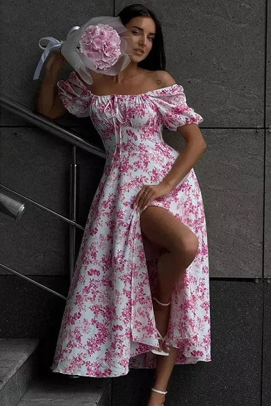 Off Shoulder Floral Print Short-Sleeved Lace-Up Slit Maxi Dress