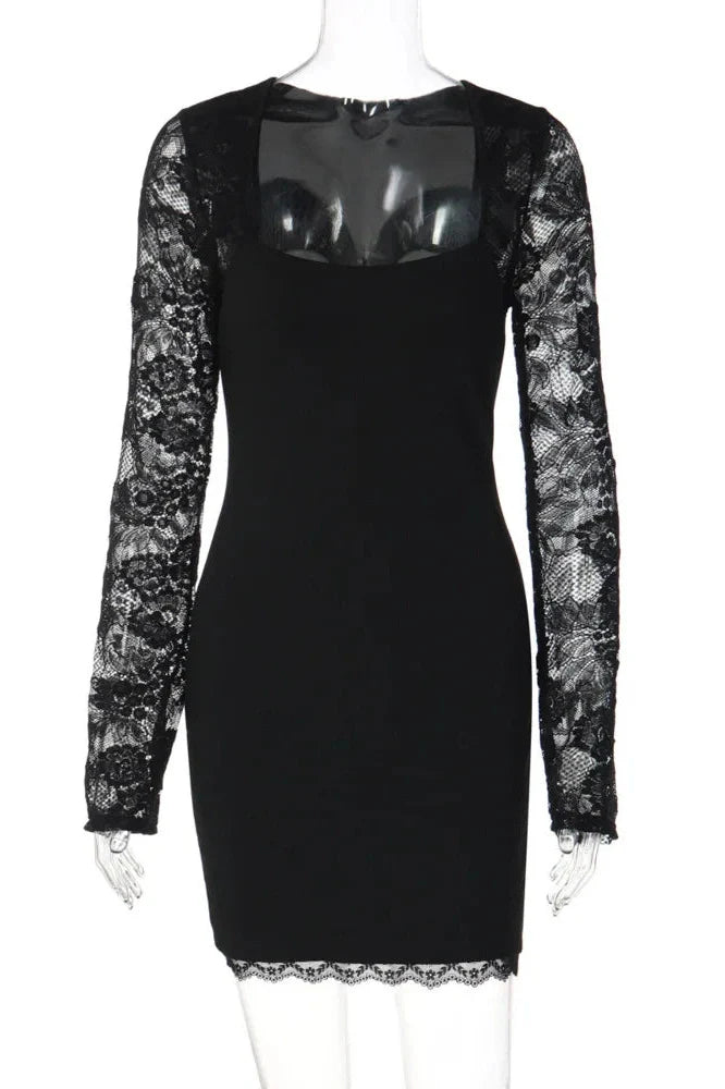 Lace Long Sleeve Patchwork Square Collar Mini Dress