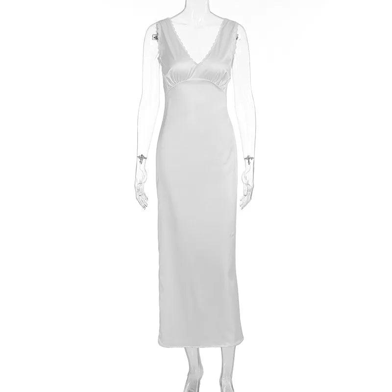 Sleeveless Slim Lace V Neck Maxi Dress