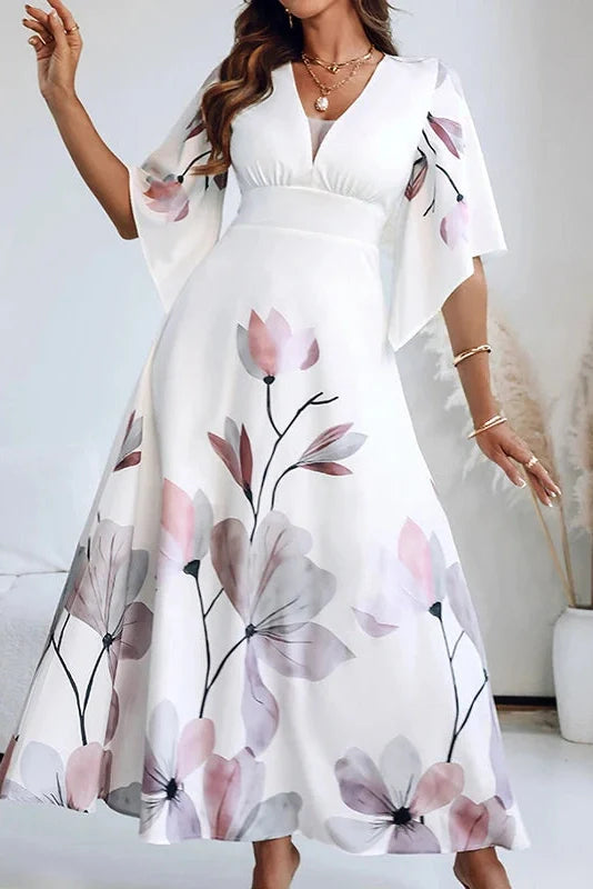 Elegant Half Sleeve Slim High Waist Pleated V-Neck Printed Maxi Dress