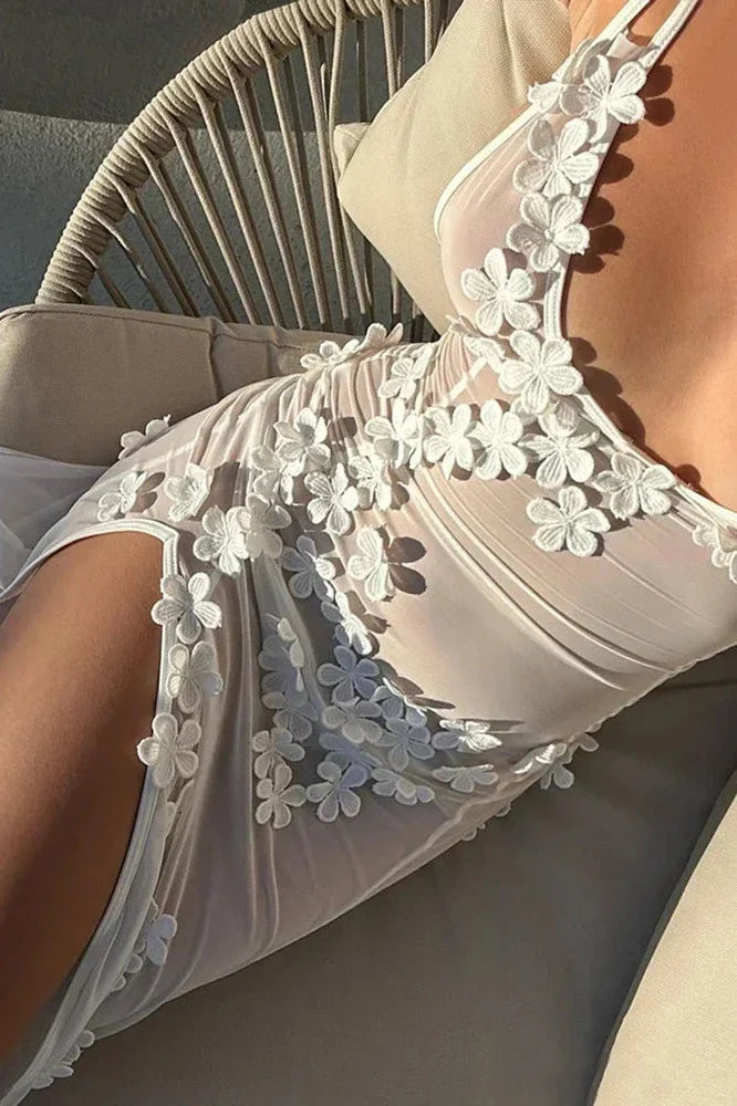 See-Through Slim High Split Backless V-Neck Maxi Dress