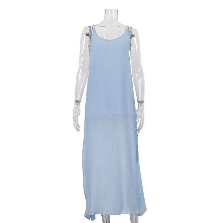 Spaghetti Strap O Neck Sleeveless Slit Maxi Dress