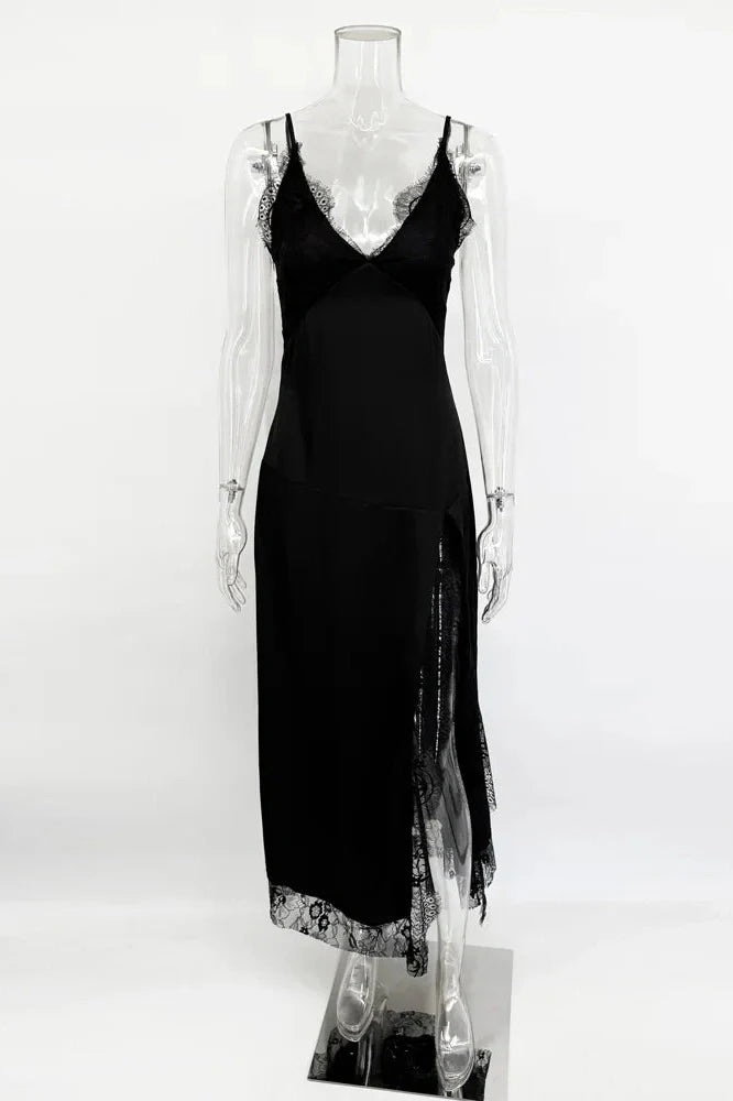 Lace Printed V-Neck Slim Patchwork Bodycon Maxi Dress