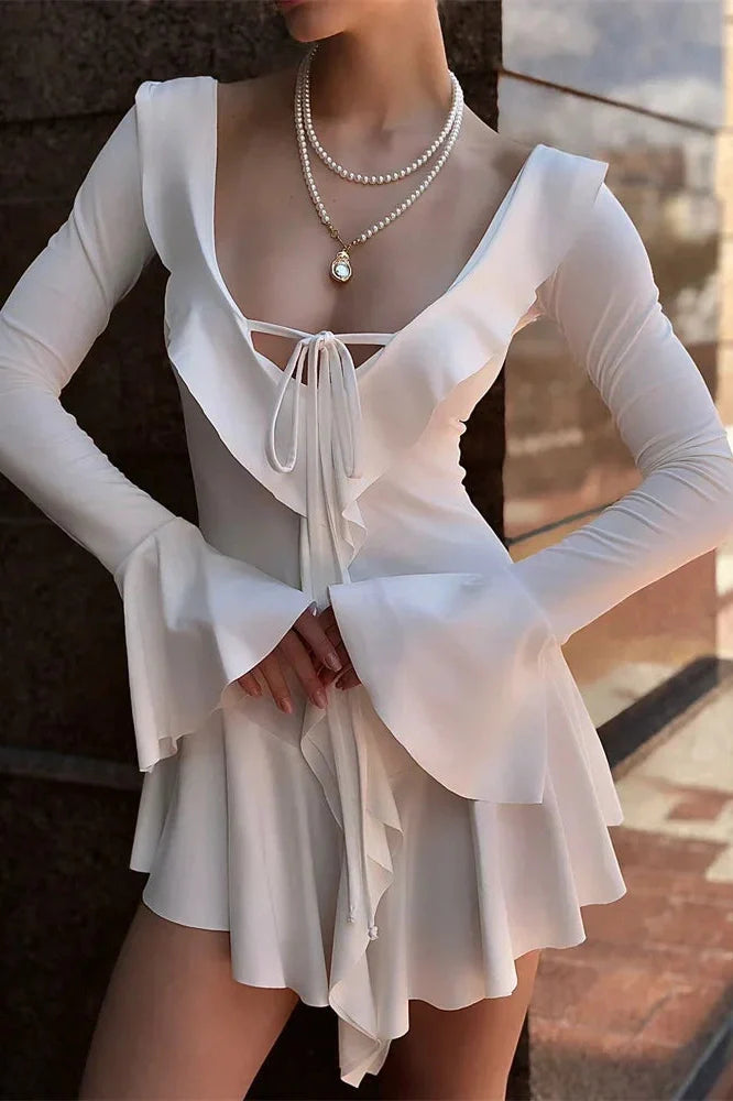 Lace-Up V-Neck Patchwork Long Sleeve Slim Mini Dress