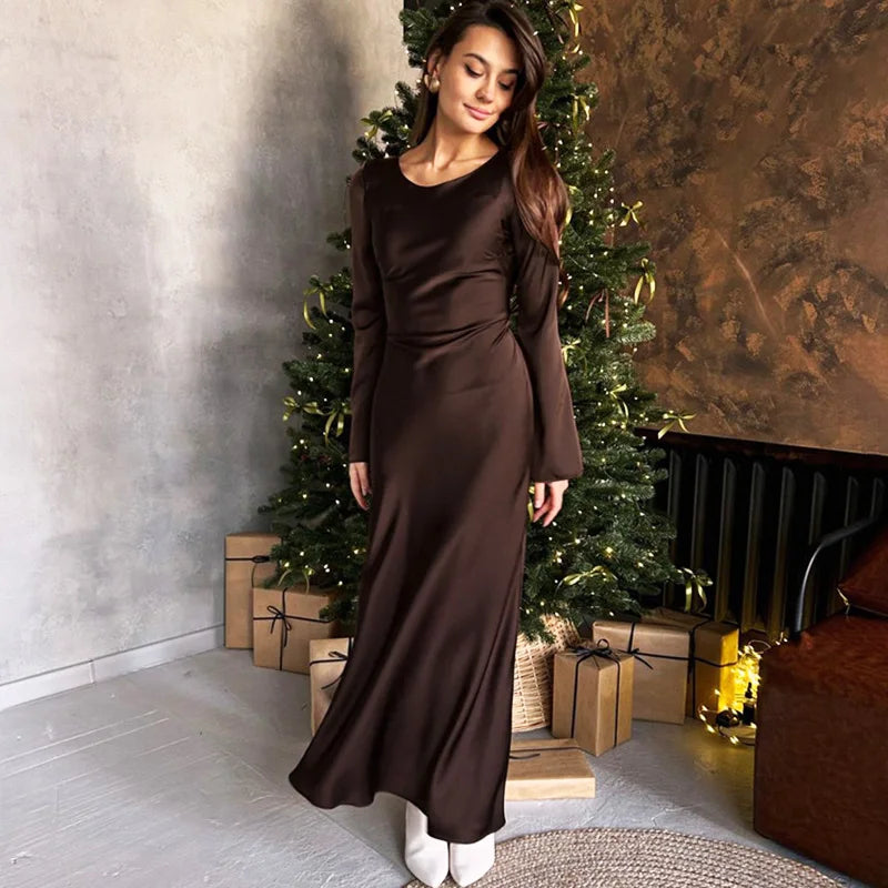 O-Neck Lace Up Long Sleeve Maxi Dress