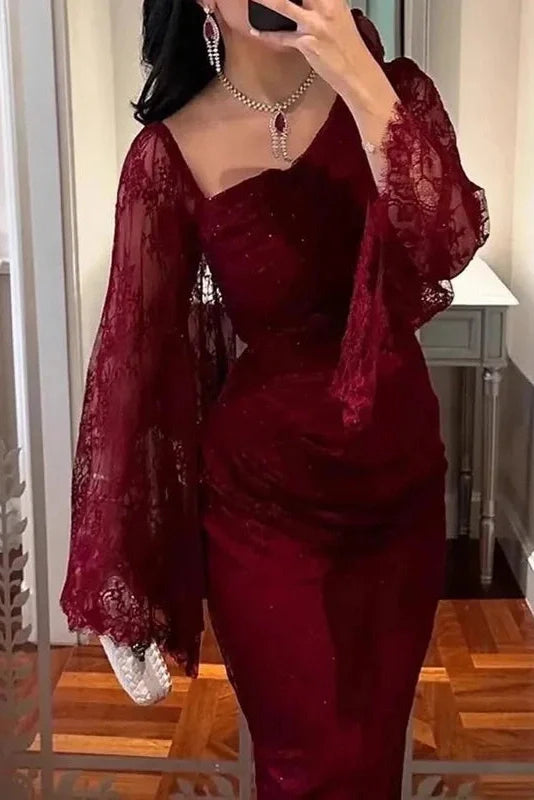 Elegant Lace Slim Slash Collar Long Sleeve Irregular Maxi Dress