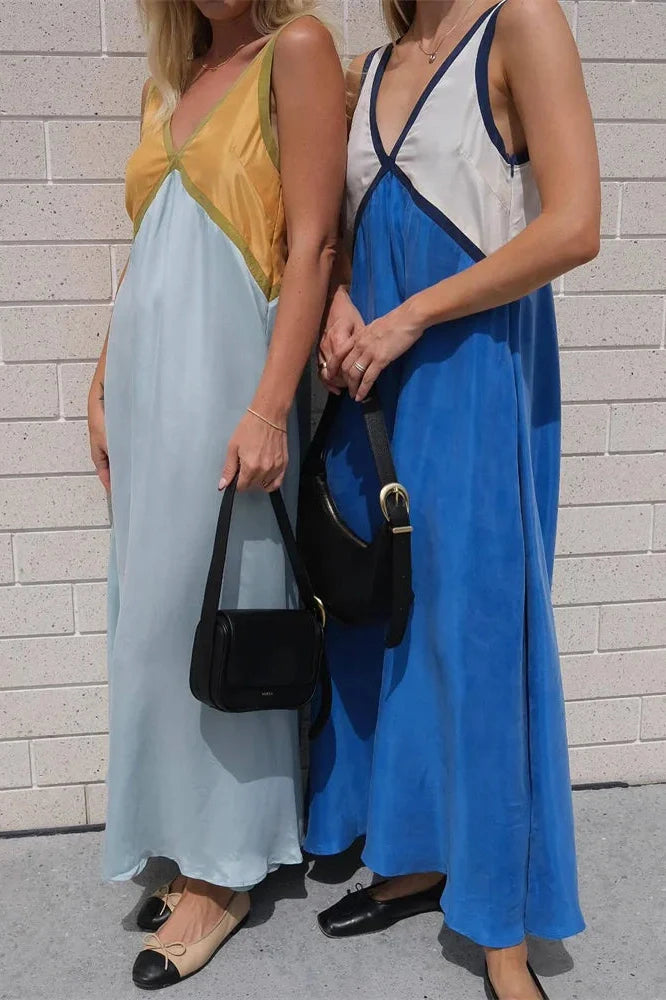 Patchwork V-Neck Strapless Sleeveless Slim Maxi Dress