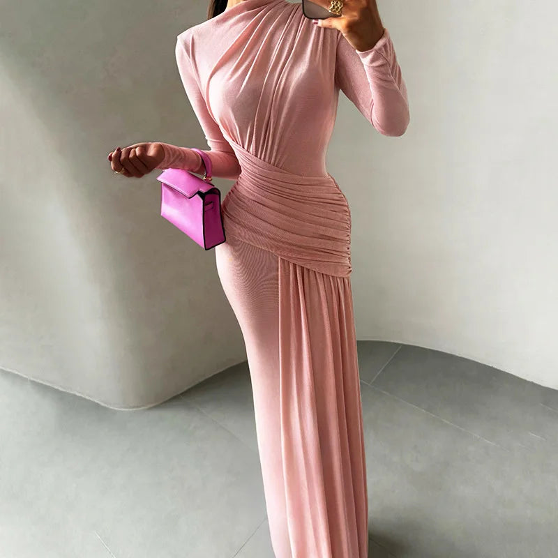 Round Neck High Waist Long Sleeve Maxi Dress