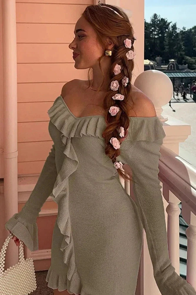 Elegant Knitted Long Sleeve Slim V Neck Mini Dress