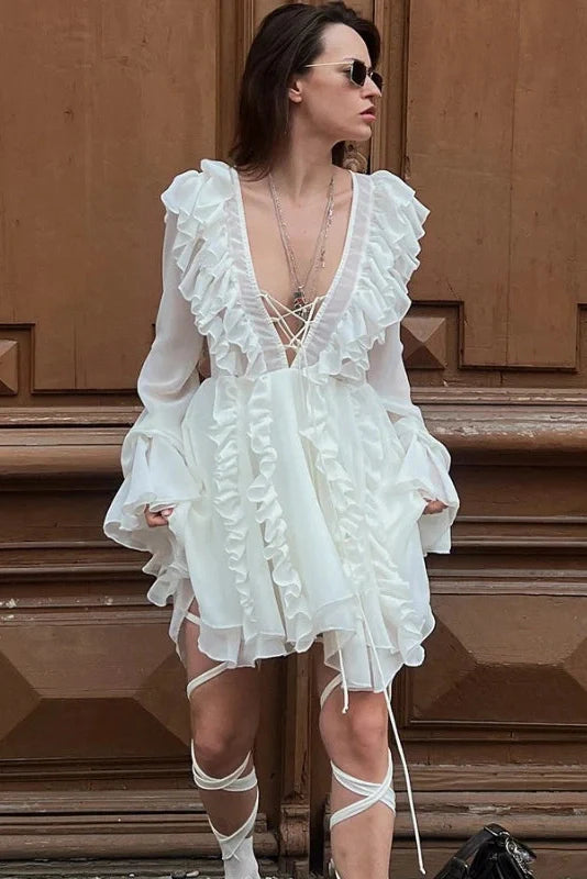 Elegant Long-Sleeved V-Neck High-Waisted Mini Dress