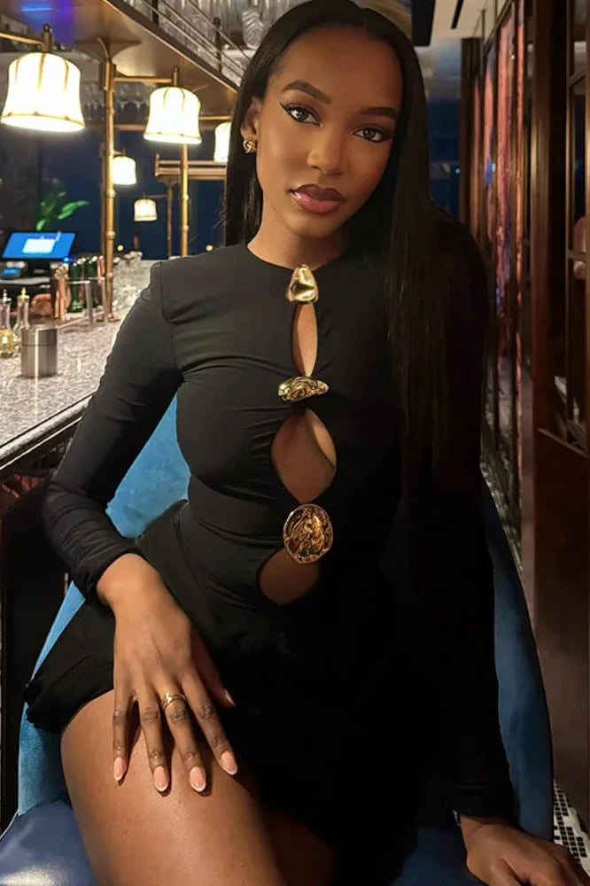 Hollow Out Long Sleeve O Neck High Waist Mini Dress