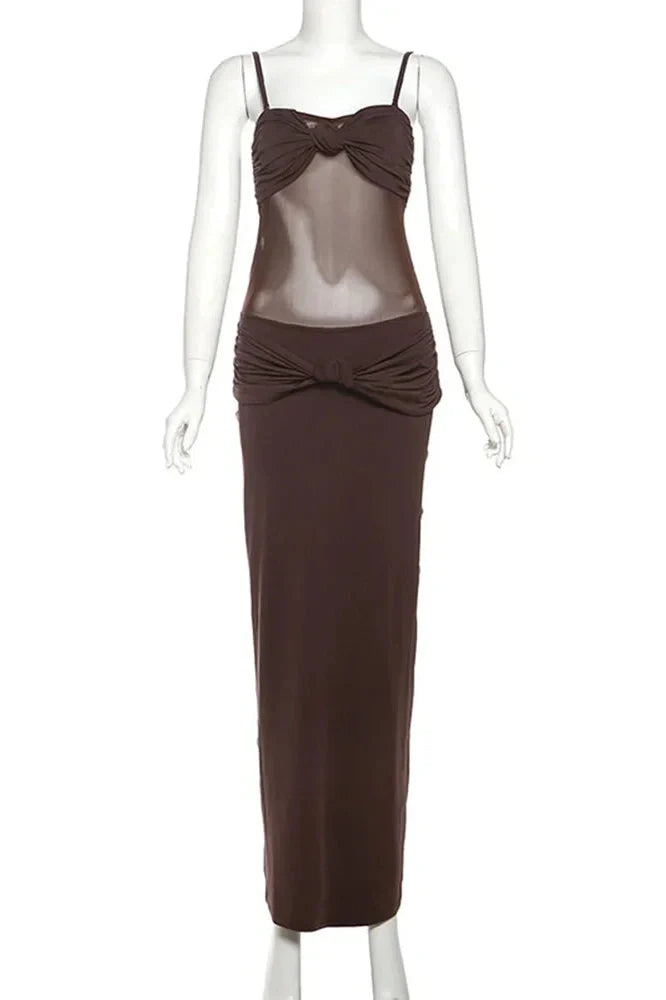Elegant Spaghetti Strap Backless See-Through Maxi Dress