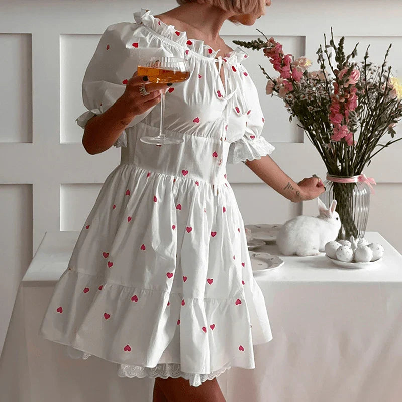 Printed Lace Short Sleeve Mini Dress