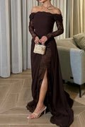 Elegant High Waist Split Pleated Off-Shoulder Lace Maxi Dress
