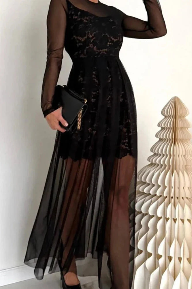 Elegant Slim See-Through Long Sleeve High Waist Pleated Maxi Dress