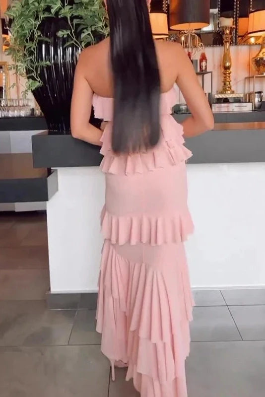 Elegant High Waist Split Strapless Maxi Dress