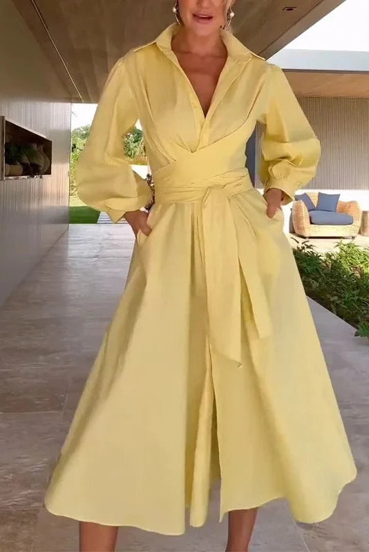 Elegant Single Breasted Long Sleeve Tie-Up Midi Dress