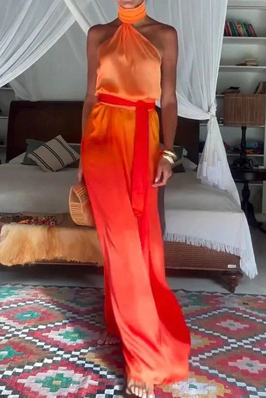 Hollow Sleeveless Slim Printed Backless High Waist Maxi Dress