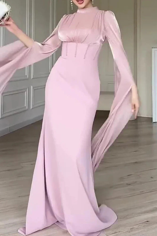 Elegant O-Neck Split Sleeve Slim Pleated High Waist Maxi Dress