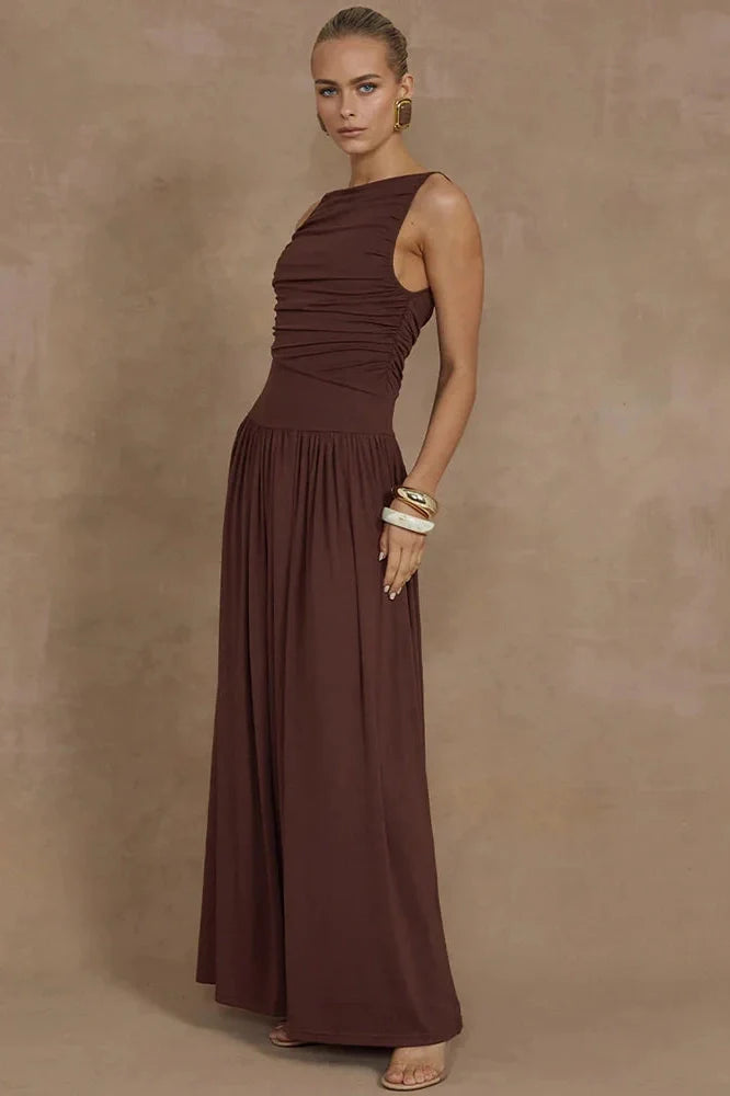 Elegant Sleeveless Boat Neck Maxi Dress