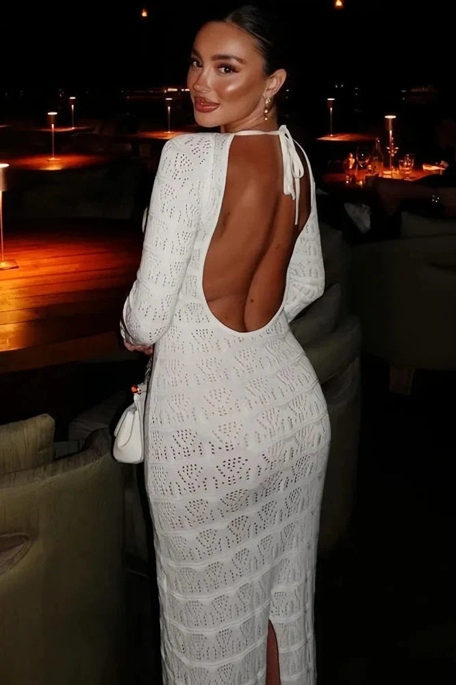 Hollow Out Lace Up Backless Knitted Slim Long Sleeve Maxi Dress