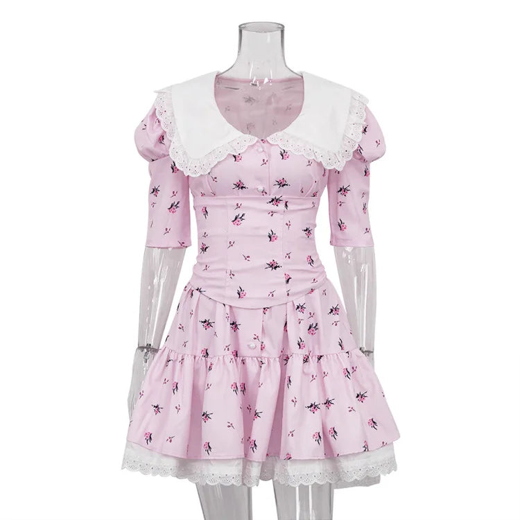 Short Sleeve Lace High Waist Mini Dress