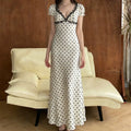 Lace Polka Dot V-Neck Patchwork Lace-Up Maxi Dress