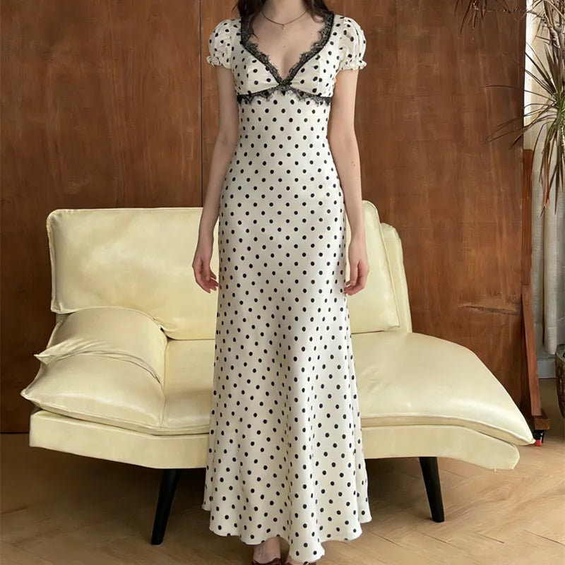 Lace Polka Dot V-Neck Patchwork Lace-Up Maxi Dress