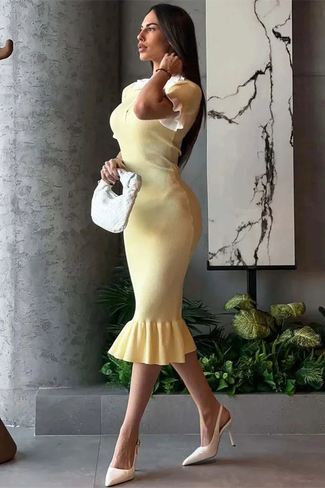 Short Sleeve Slim High Waist Midi Dress