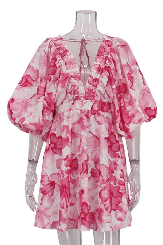 V-Neck Printed Short Sleeve Slim Lace-Up Mini Dress